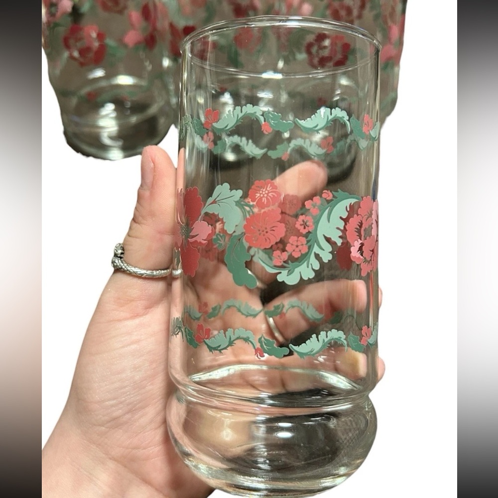 Vintage Floral Tumbler Glasses Pink Flowers Mid Century Iced Tea Set Of 4 - Picture 3 of 4